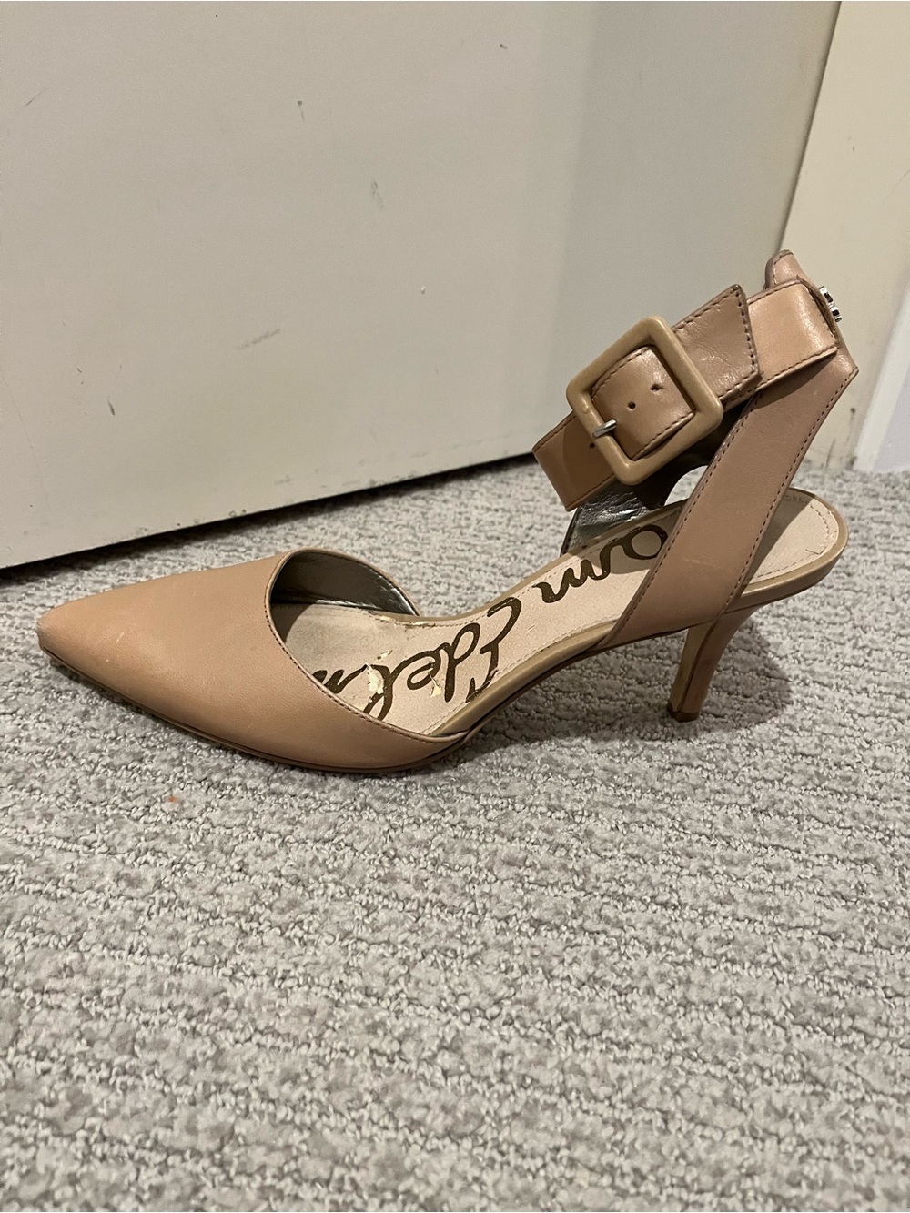 Sam Edelman Beige Pointed-Toe Ankle-Strap Kitten Heel